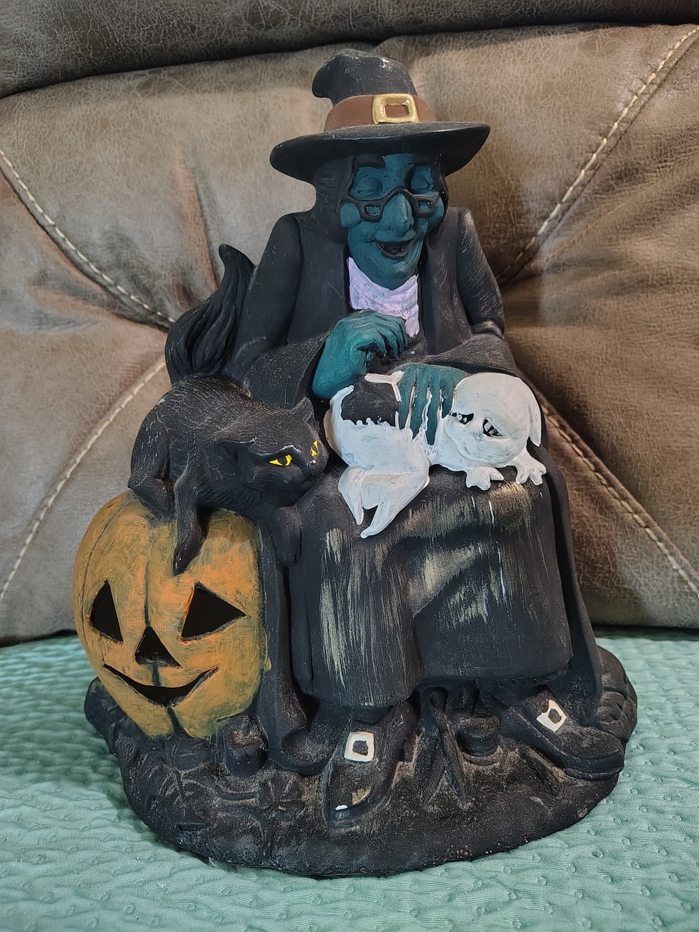 Green Witch Halloween Figurine with Black Cat and Pumpkin